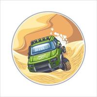 Green SUV is driving through difficult obstacles in the desert. Can be printed on T-shirts. vector