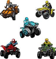 Five full-color quad bikes from different angles, isolated background. vector