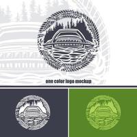 Round logo with an SUV on a forest background and wheel prints. Monochrome layout. vector