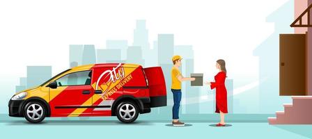 Delivery man gives an order to a girl on the street near a car with the city background. Editable banner. vector