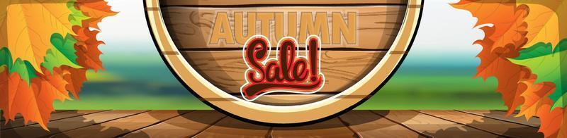 Banner with a barrel in the center and autumn leaves on the side on a wooden board. Editable template. vector