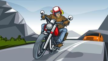 Illustration landscape with a motorcycle rider, vector image.