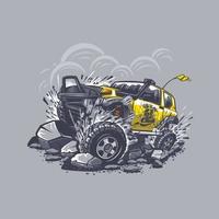 Off-road car on a gray background fights with obstacles from stones in the mountains. Can be printed on T-shirts. vector