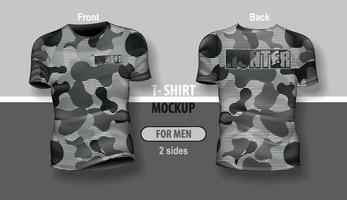 T-shirt for man front and back with grey Military camouflage pattern. Mock-up for double-sided printing, layered and editable. vector