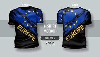 T-shirt for man front and back with Erope Union flag. Mock-up for double-sided printing. vector