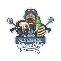 Drawing of an old biker on a motorcycle with a bottle of beer in his hand. Can be printed on T-shirts. vector