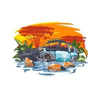 Off-road car in the water against the backdrop of the African landscape at sunset. Can be printed on T-shirts. vector