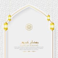 ramadan kareem arco islámico elegante fondo de lujo blanco y dorado con linternas decorativas vector