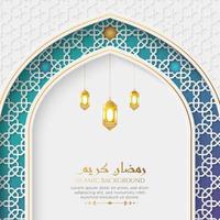 ramadan kareem elegante fondo colorido de lujo blanco y dorado con arco islámico y linternas decorativas vector