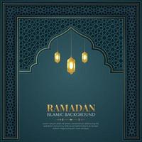 fondo de patrón de arco islámico de lujo azul ramadan kareem con linternas de adornos decorativos vector