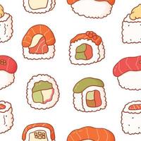 patrón sin costuras con garabatos sushi y rollos. comida asiática de impresión colorida en estilo de dibujos animados para estuche de teléfono, fondos, moda, papel de regalo y textil. vector