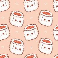 Kawaii seamless pattern with sushi roll with happy face. Cute print asian food in cartoon style for phone case, backgrounds, fashion, wrapping paper and textile. Vector Illustration