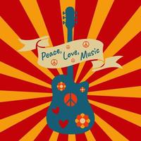 Icon, sticker in hippie style with blue guitar, peace sign, flowers and text Peace, Love, Music. Retro style vector