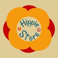 Frame, backdrop, Icon in the style of a hippie with flower with text Hippie Store and peace sign and flower in retro style vector