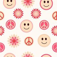 seamless pattern with flowers, emoticons and peace signs, in the style in hippie style on beige background vector