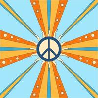 Icon, sticker, button, backdrop in hippie style with orange sunny Peace sign on background with rays. Retro style. vector