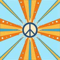 Icon, sticker, button, backdrop in hippie style with orange sunny Peace sign on background with rays. Retro style. vector