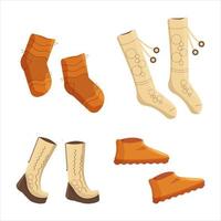 botas altas de mujer, zapatos, calcetines, medias hasta la rodilla otoño e invierno. ilustración vectorial naranja y beige.