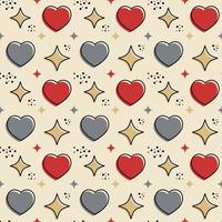 Groovy hearts shape seamless pattern. Retro square banner with red, gray hearts and stars on a beige background vector