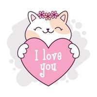 lindo gato kawaii sosteniendo un corazón con el texto te amo. ilustración de dibujos animados dibujada a mano para pegatinas, tarjetas de felicitación, deseos de cumpleaños, aniversario, feliz día de san valentín. vector