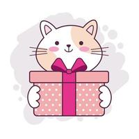 lindo gato kawaii sosteniendo una caja de regalo. ilustración de dibujos animados dibujada a mano para pegatinas, tarjetas de felicitación, deseos de cumpleaños, aniversario, feliz día de san valentín. vector