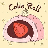 Traditional Japanese food. Asian cake roll with strawberry. Vector illistration