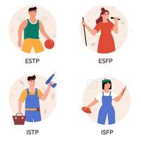 Set of explorers MBTI person types. Socionics mbti. Personality test. Mind behavior concept. Flat vector illustration