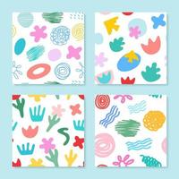 Set of four seamless patterns with abstract colorful shapes for spring and summer design. Flat vector floral illustration on a white background.