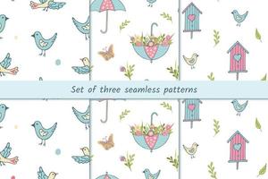 Set of Seamless Spring patterns with cute birds, birdhouse, umbrella and flowers. Flat vector illustration in cartoon style. Good for wallpaper, wrapping paper and fabric.