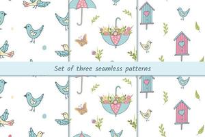 Set of Seamless Spring patterns with cute birds, birdhouse, umbrella and flowers. Flat vector illustration in cartoon style. Good for wallpaper, wrapping paper and fabric.