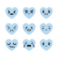 Set of blue Hearts with Kawaii Emotions. Isolated Hearts Icons on white background. Vector illustration.