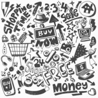 Hand drawn set of shopping doodles with lettering in vector