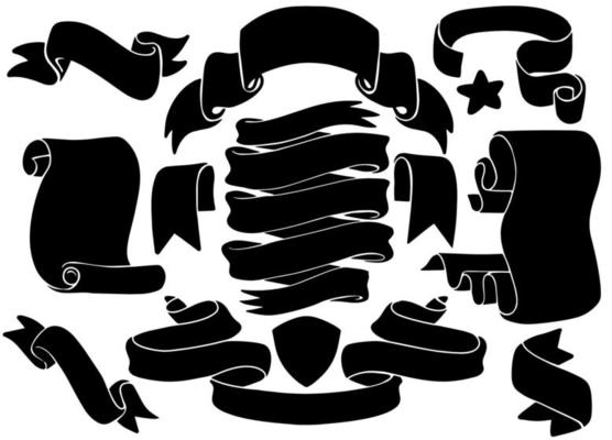 Black Ribbon ,Hand drawn set of different Vintage ribbons. Design elements for greeting cards, banners, invitations. Sketch, Each on a separate layer.