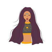 Girl with long hair and third eye. Cartoon vector