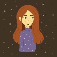 Beautiful cute red-haired girl looks away. Purple sweater vector