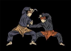 illustration of pencak silat vs karate fighter muaythai figther vector