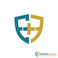 Letter EH or EF with plus or cross logo in shield or guard image graphic icon logo design abstract concept vector stock. Can be used as a symbol related to health or initial