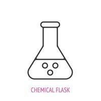 Triangular flask with acid for chemical laboratory. Outline icon. Vector illustration. Symbols of scientific research and education. Thin line pictogram for user interface. Isolated white background