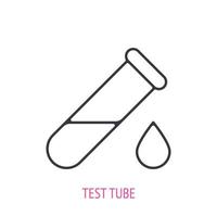 Test tube with drop. Outline icon. Vector illustration. Symbols of scientific laboratory research, chemical experiment and education. Thin line pictogram for user interface. Isolated white background