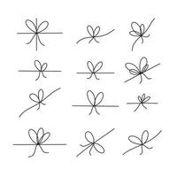 Simple hand drawn line bows on ribbon vector set. Rope knots on string, different bowknots design collection isolated on white background