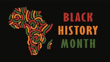 Black History Month banner with Africa map, decorative silhouette symbol of African continent with abstract lines ornament pattern in color of Pan African flag - red, yellow, green. Black background vector