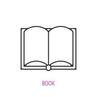 Open encyclopedic book. Outline icon. Vector illustration. Paper school textbook. Symbols of scientific research and education. Thin line pictogram for user interface. Isolated white background