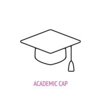 Square academic cap. Outline icon. Vector illustration. Scientist hat. Symbols of scientific research and education. Thin line pictogram for user interface. Isolated white background