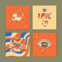 Set of groovy posters. Retro postcards in 70s. Hippie and boho style. vector