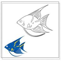 The page of the coloring book, blue fish with yellow stripes. Color version and sketch. Coloring book for kids. Vector illustration isolated on a white background