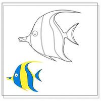 Page of a coloring book, blue fish with yellow stripes. Color version and sketch. Coloring book for children. Vector illustration isolated on a white backgrou