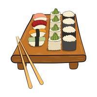 un juego de sushi en el tablero. ilustración vectorial sobre un fondo blanco. vector