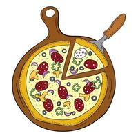 pizza en una ilustración de vector de tablero redondo.