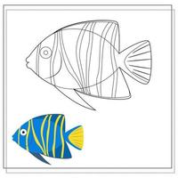 The page of the coloring book, blue fish with yellow stripes. Color version and sketch. Coloring book for kids. Vector illustration isolated on a white background