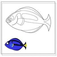 The page of the coloring book, blue fish. Color version and sketch. Coloring book for children. Vector illustration isolated on a white background